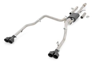 GMC Sierra 1500 Performance Exhaust - Rear - Rough Country - Dual Cat-Back, Stainless, RC Logo Tips - Black - '19-'24